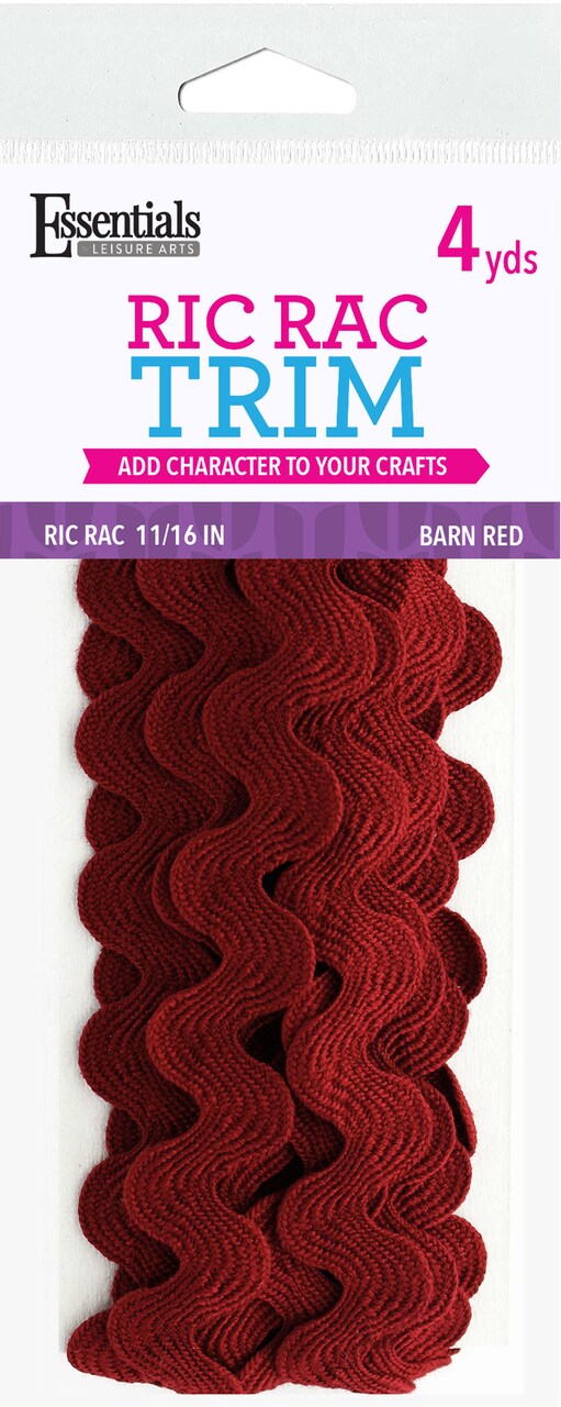 Essentials By Leisure Arts Ric Rac 11/16" 4 yards Barn Red - rick rack trim for sewing - wavy ric rac trim for sewing and crafts - ric rac ribbon - rick rack trim barn red